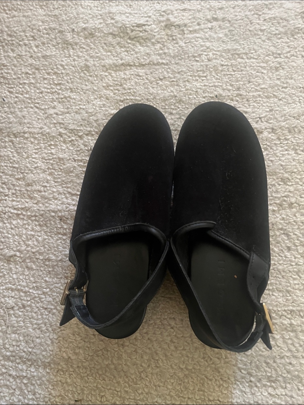 M. Gemi Black Suede Clogs with gold stud detail